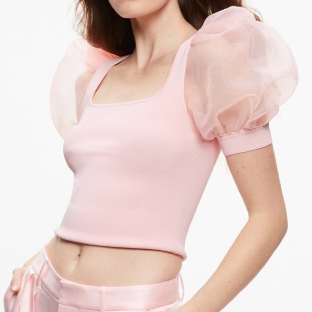 Alice + Olivia Pink Organza Puff-Sleeve Square Neck Tank